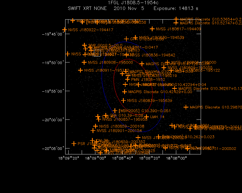 Swift-XRT image with known radio, optical and UV sources for 1FGL J1808.5-1954c