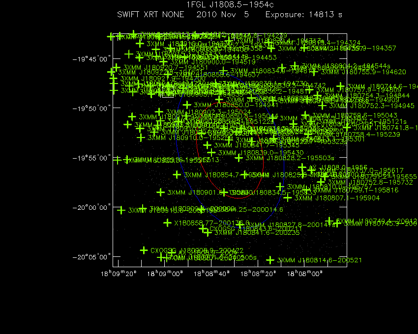 Swift-XRT image with known X-ray and gamma ray sources for 1FGL J1808.5-1954c