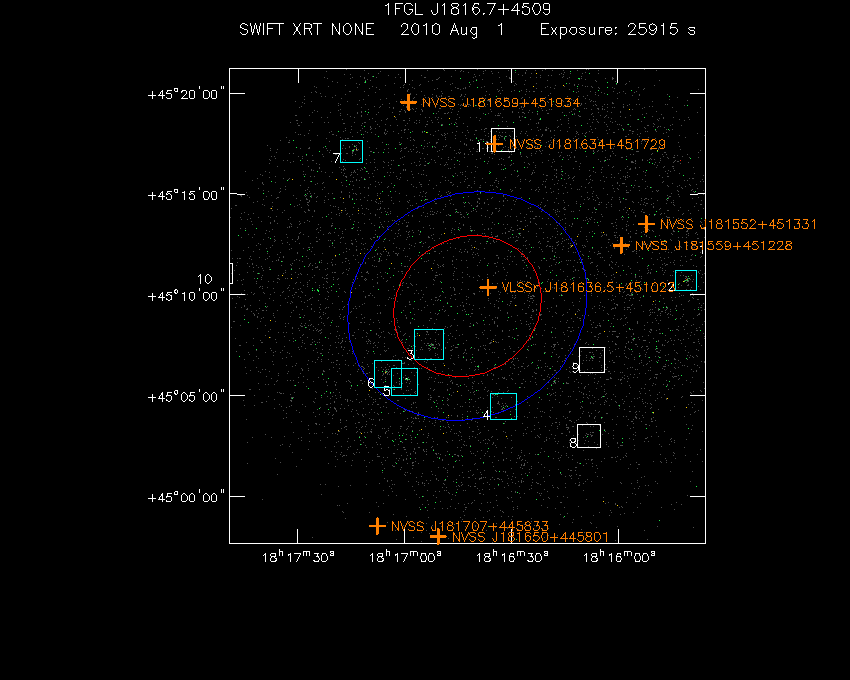 Swift-XRT image with known radio, optical and UV sources for 1FGL J1816.7+4509