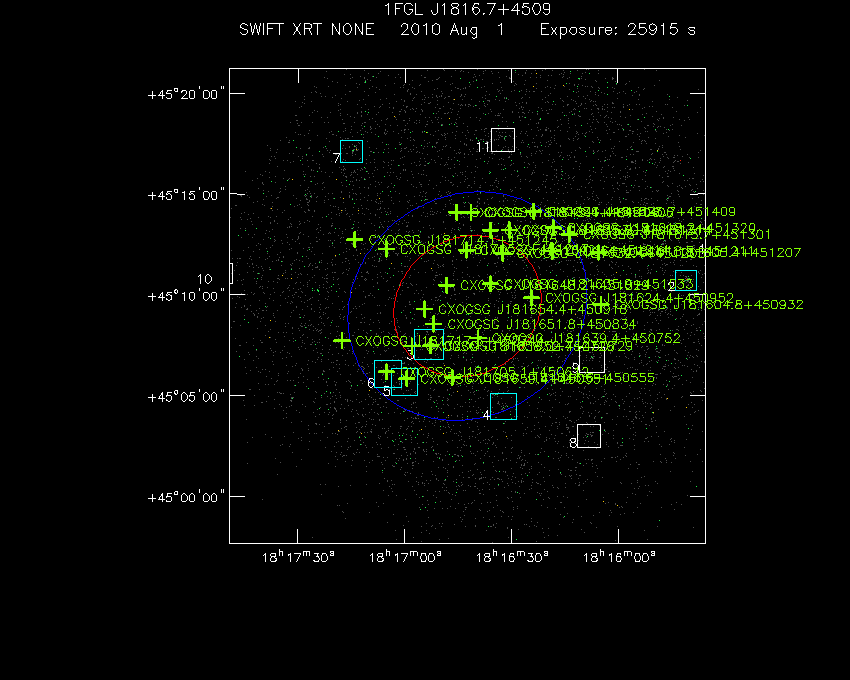 Swift-XRT image with known X-ray and gamma ray sources for 1FGL J1816.7+4509