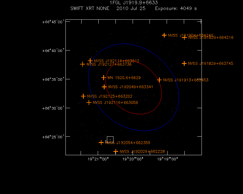 Swift-XRT image with known radio, optical and UV sources for 1FGL J1919.9+6633
