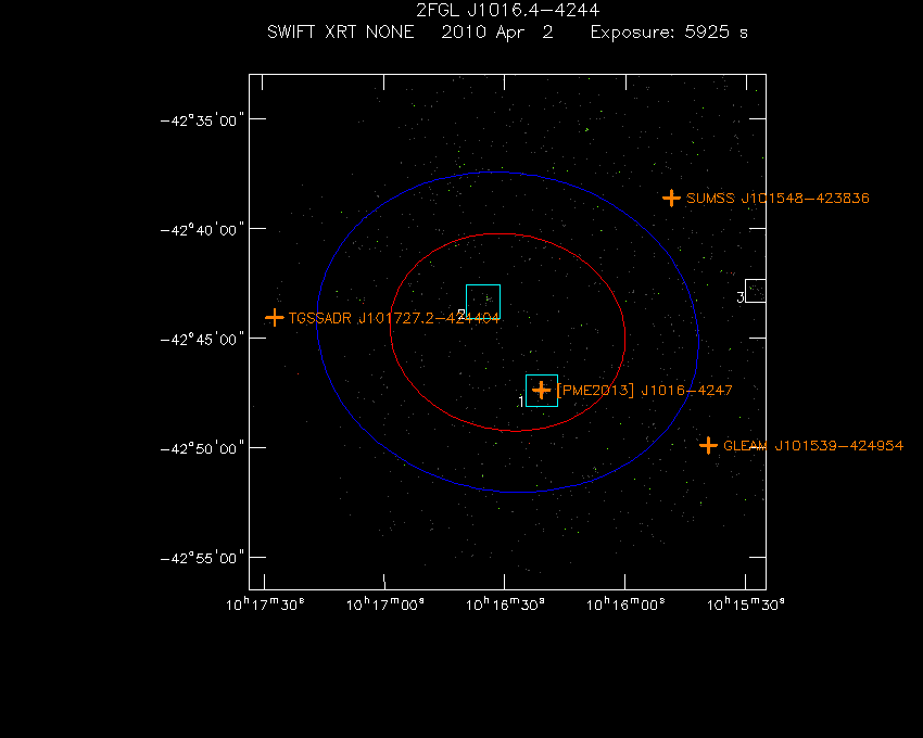 Swift-XRT image with known radio, optical and UV sources for 2FGL J1016.4-4244