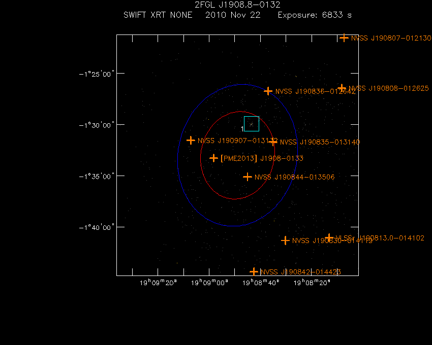 Swift-XRT image with known radio, optical and UV sources for 2FGL J1908.8-0132
