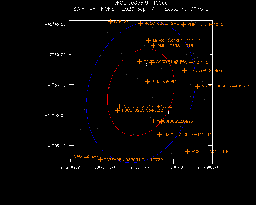 Swift-XRT image with known radio, optical and UV sources for 3FGL J0838.9-4056c
