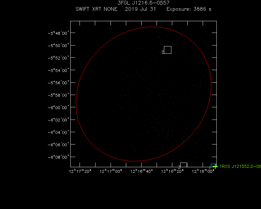 Swift-XRT image with known X-ray and gamma ray sources for 3FGL J1216.6-0557