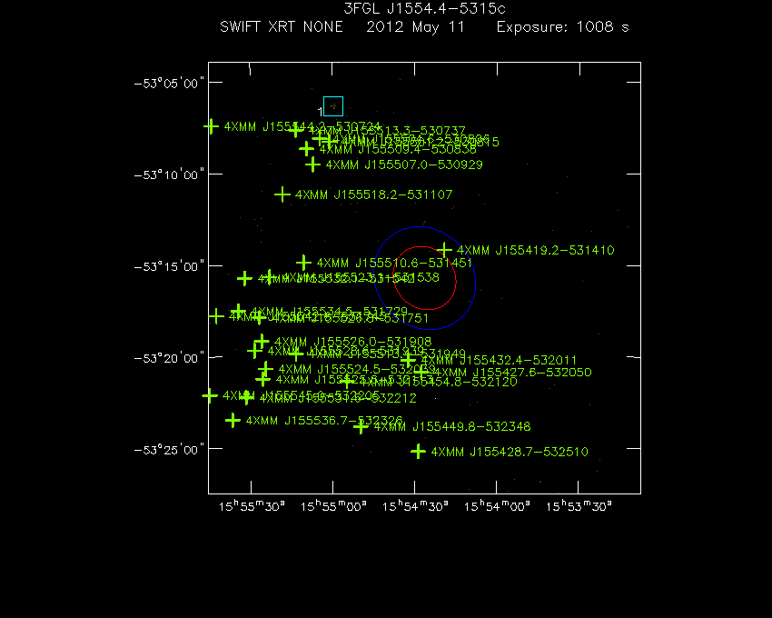 Swift-XRT image with known X-ray and gamma ray sources for 3FGL J1554.4-5315c