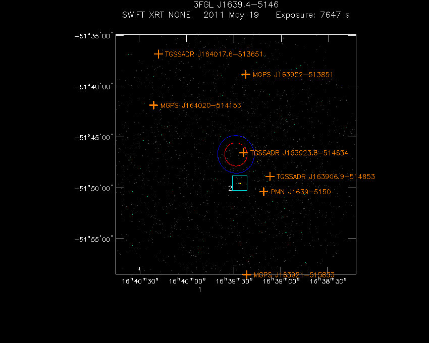 Swift-XRT image with known radio, optical and UV sources for 3FGL J1639.4-5146