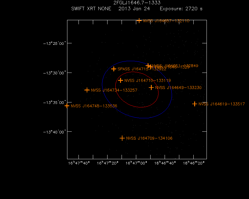 Swift-XRT image with known radio, optical and UV sources for 3FGL J1646.9-1332