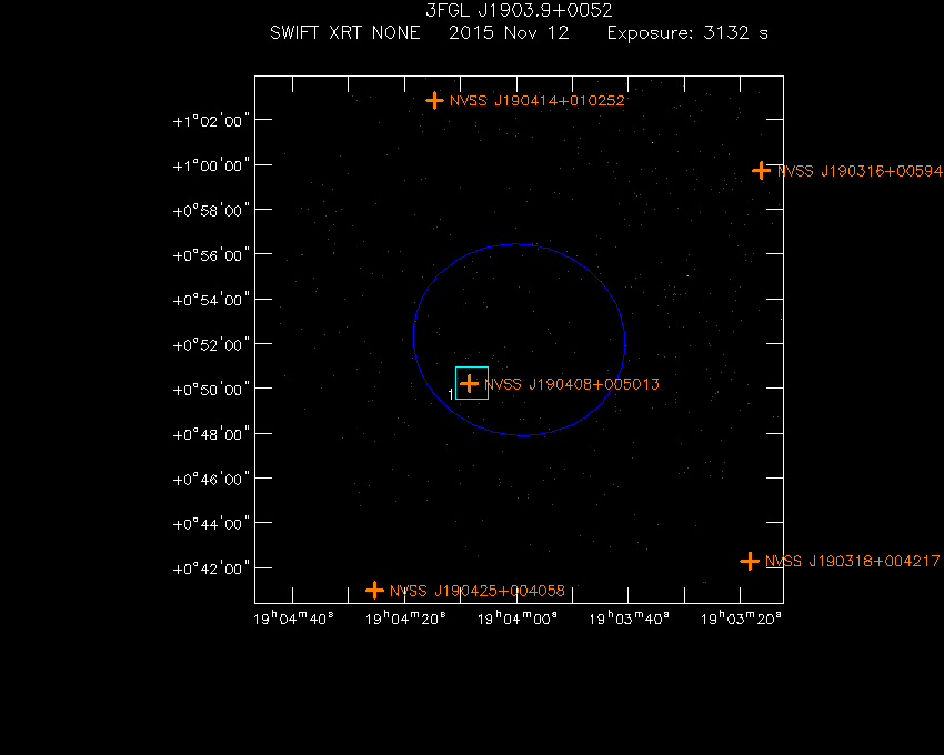 Swift-XRT image with known radio, optical and UV sources for 3FGL J1903.9+0052