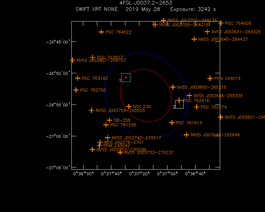 Swift-XRT image with known radio, optical and UV sources for 4FGL J0037.2-2653