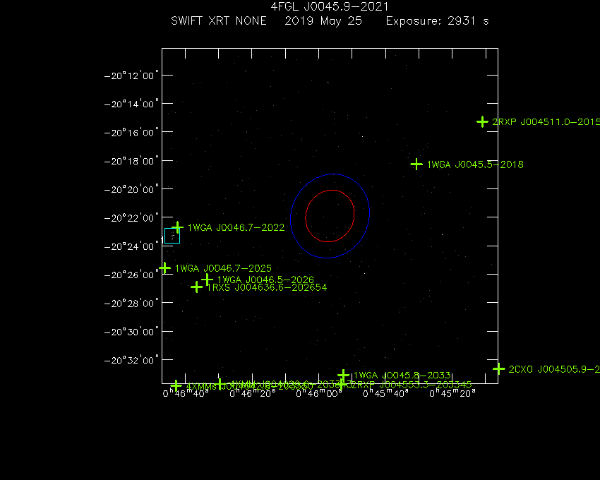 Swift-XRT image with known X-ray and gamma ray sources for 4FGL J0045.9-2021