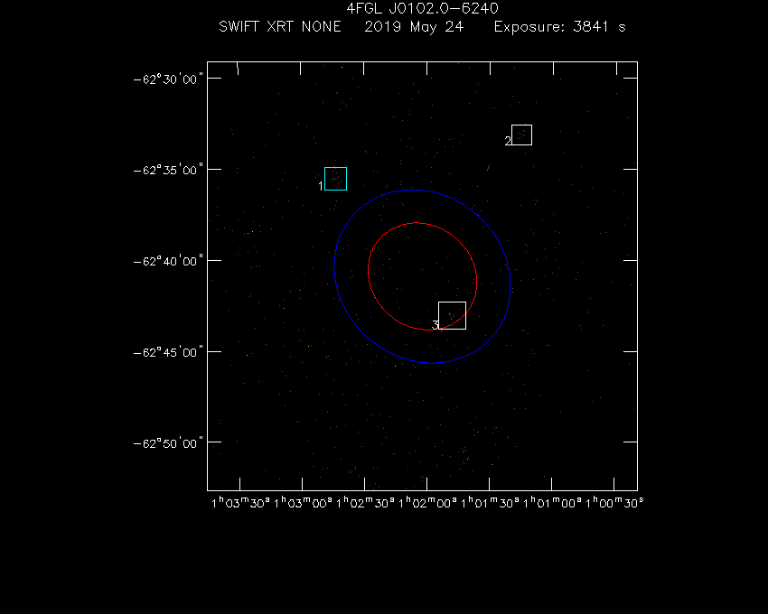 Swift-XRT image with known X-ray and gamma ray sources for 4FGL J0102.0-6240