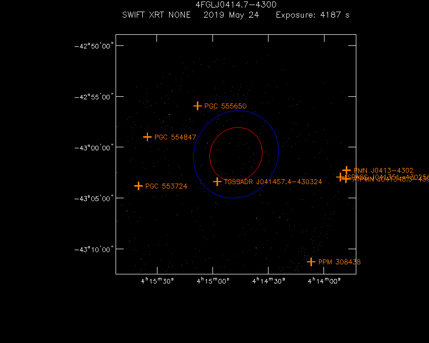 Swift-XRT image with known radio, optical and UV sources for 4FGL J0414.7-4300