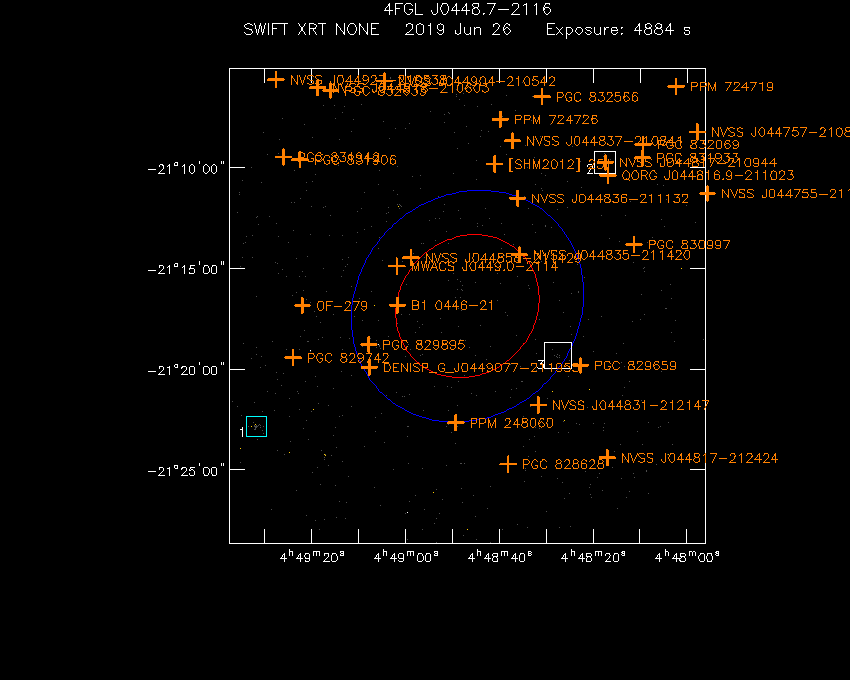 Swift-XRT image with known radio, optical and UV sources for 4FGL J0448.7-2116