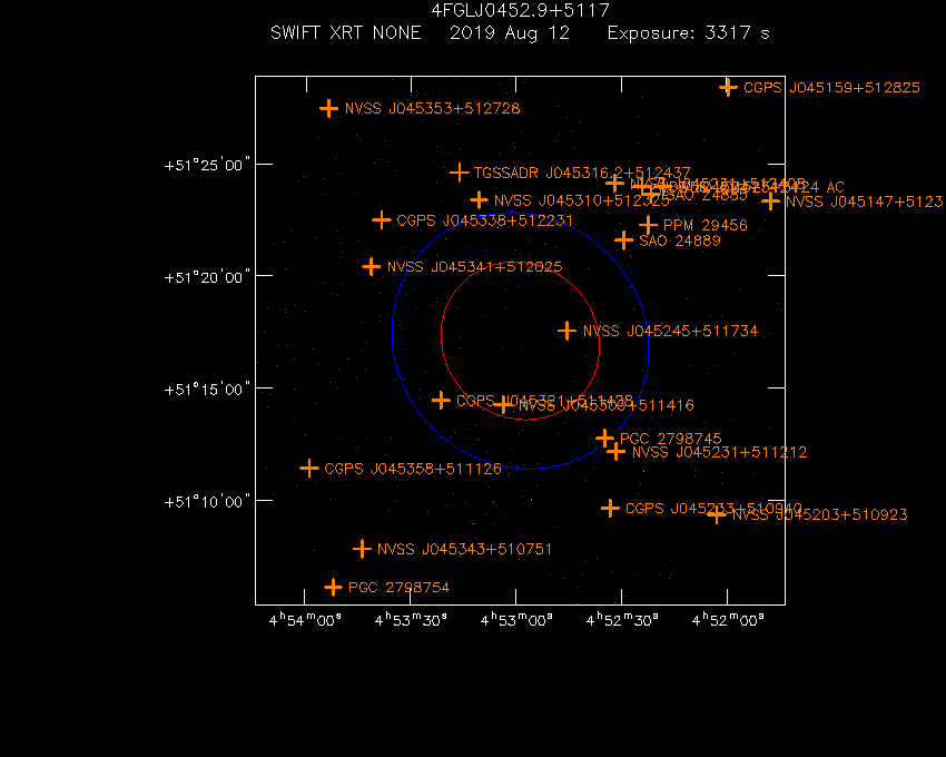Swift-XRT image with known radio, optical and UV sources for 4FGL J0452.9+5117