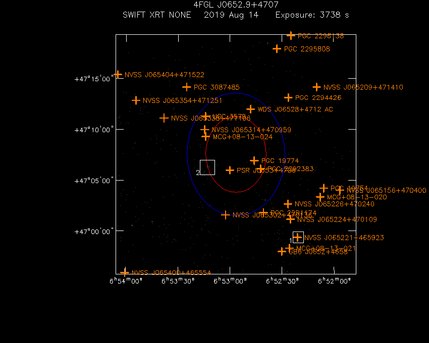 Swift-XRT image with known radio, optical and UV sources for 4FGL J0652.9+4707
