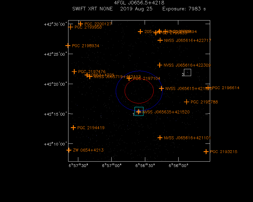 Swift-XRT image with known radio, optical and UV sources for 4FGL J0656.5+4218