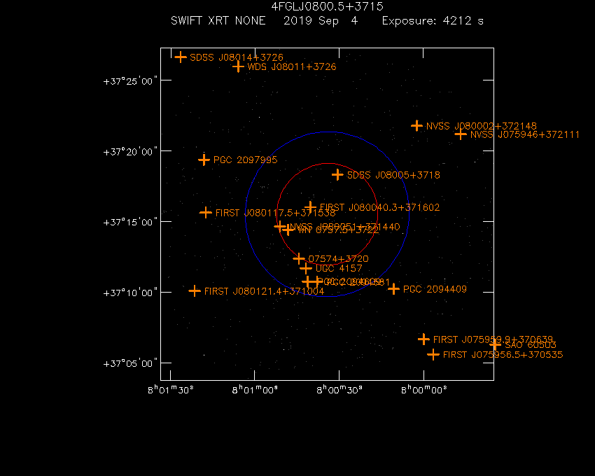 Swift-XRT image with known radio, optical and UV sources for 4FGL J0800.5+3715