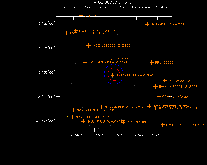 Swift-XRT image with known radio, optical and UV sources for 4FGL J0858.0-3130
