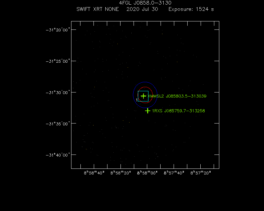 Swift-XRT image with known X-ray and gamma ray sources for 4FGL J0858.0-3130