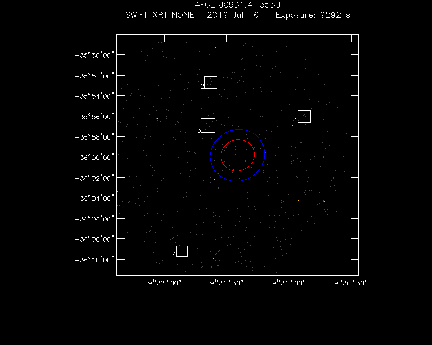 Swift-XRT image with known X-ray and gamma ray sources for 4FGL J0931.4-3559